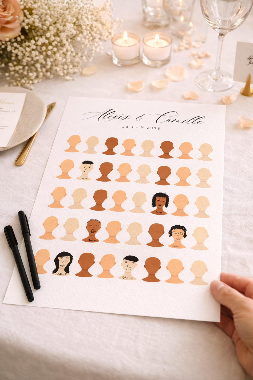 Livre d'or mariage 100% sur mesure — vos invités dessinent leur portrait. Toutes carnations, format digital ou imprimé. Souvenir mariage. Activité originale mariage. Livre d'or original.