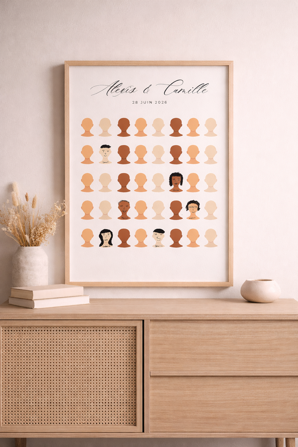 Livre d'or mariage 100% sur mesure — vos invités dessinent leur portrait. Toutes carnations, format digital ou imprimé. Souvenir mariage. Activité originale mariage. Livre d'or original.