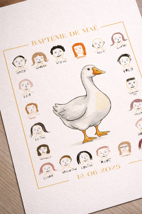 Affiche livre d'or baptême 100% sur mesure — vos invités dessinent leur portrait. Format digital ou imprimé. Souvenir baptême. Decoration chambre enfant.